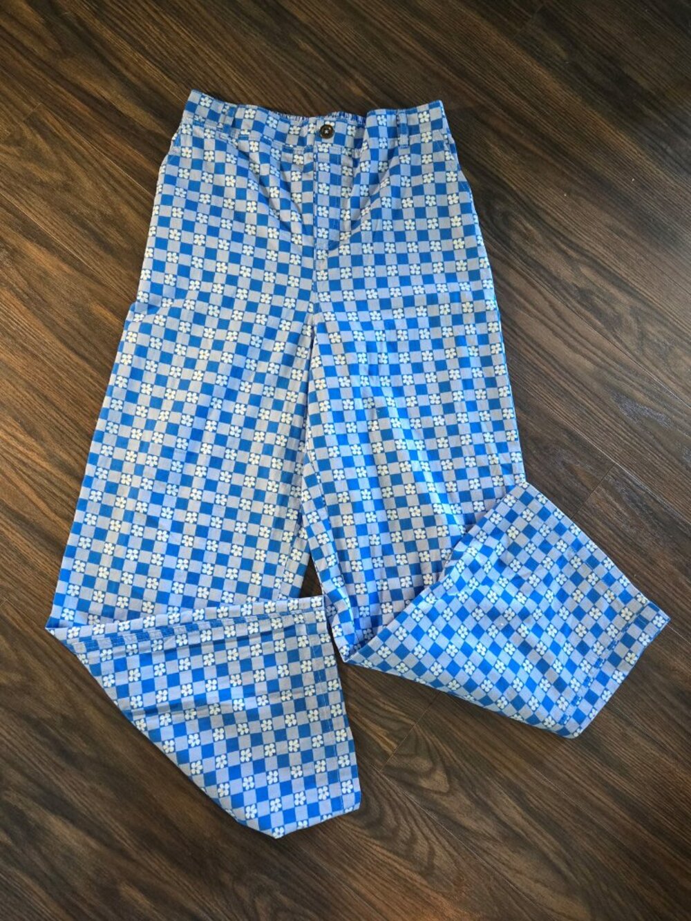 WILD FABLE Boho Style Blue & White Floral Checkered Wide Leg Pants NWOT/SIZE M